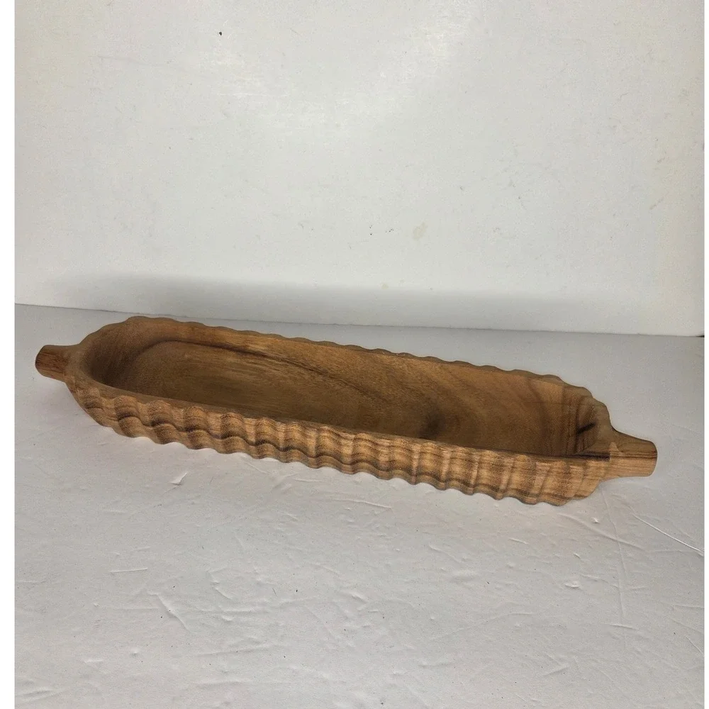 Vintage Hand Carved Scalloped Wood Dough Bowl Rustic Primitive Server Boho